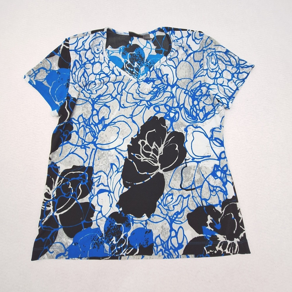 Additions by Chicos Top Womens Large Blue White Black Floral V-Neck Abstract